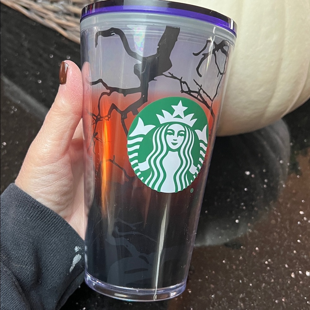 Starbucks  Halloween Tumbler with Black and Orange Tree Design